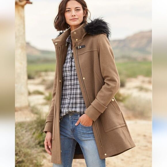 Cole Haan Wool Blend Coat with Fur Hood Size 2 - Picture 2 of 16